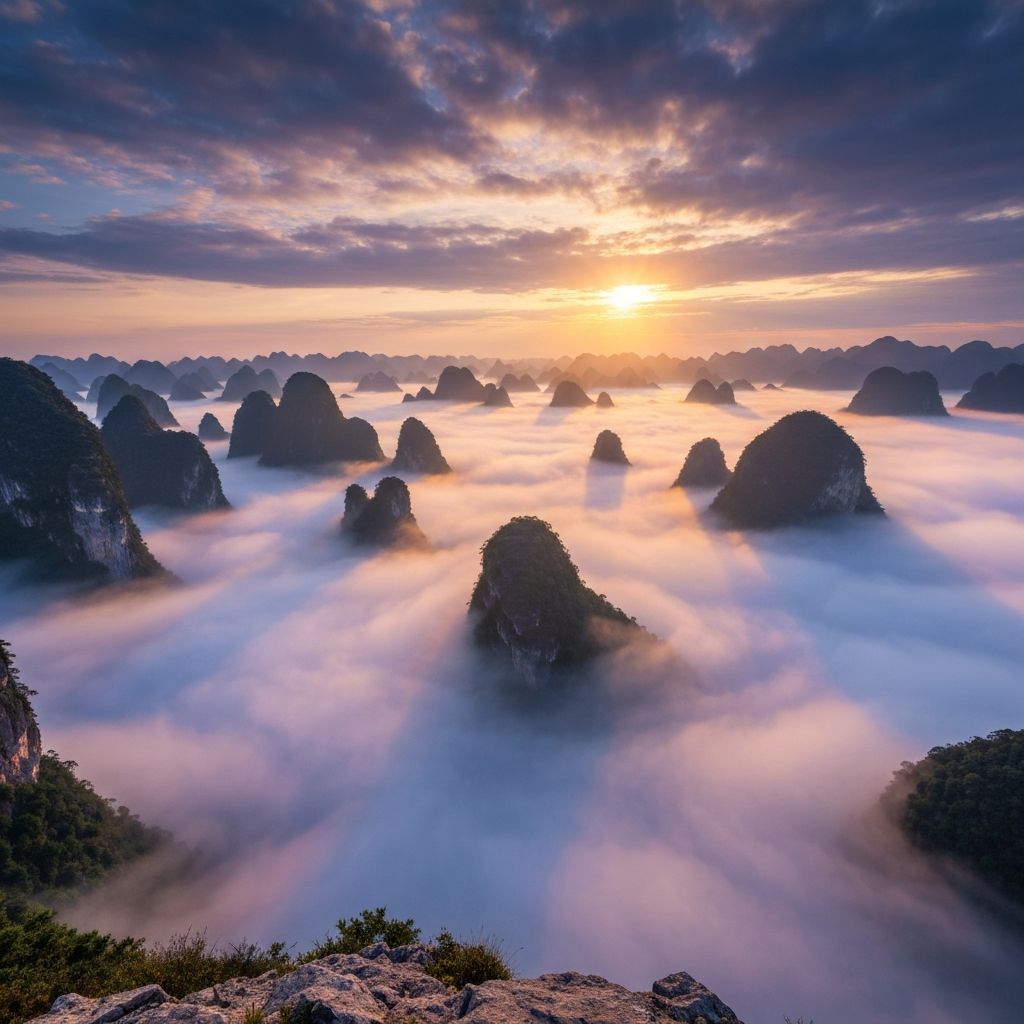 Sunrise Over Karst Peaks at Yangshuo